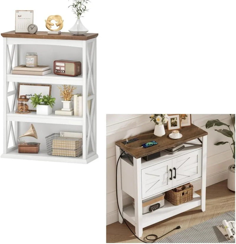 Farmhouse Sofa Table with Power Outlet-4-Tier Bookcase, 42.9" Floor Standing Organizer Shelf T5573
