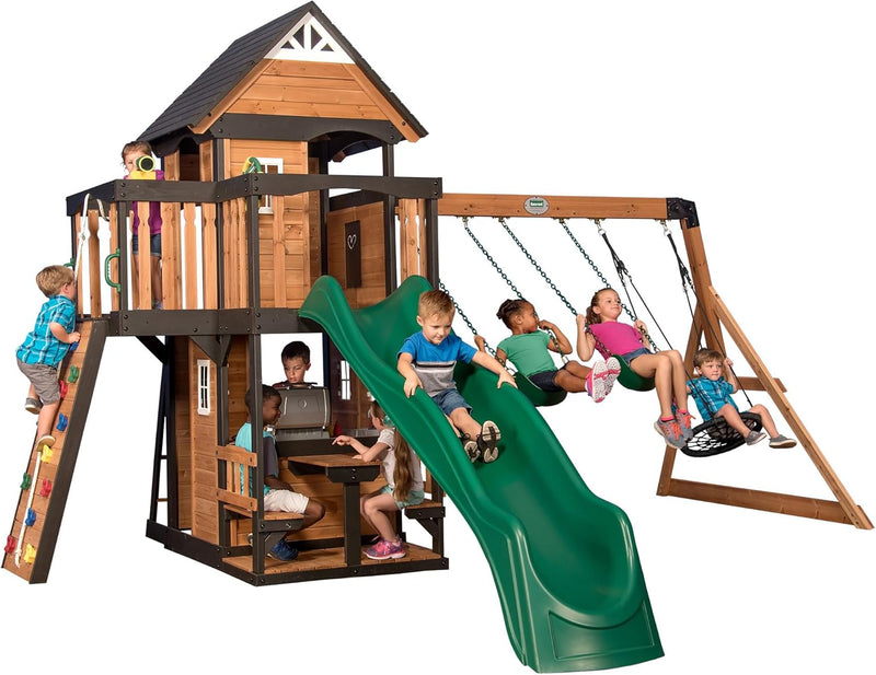 Gorge Creek Pure Pine Swing Set, Playhouse with Barbecue Grill, Plastic Utensils, Picnic Area, Steering Wheel, Double-Padded Swing, Rock Climbing Wall, Balcony, Terrace, Mesh Swing (Green Slide) D6090
