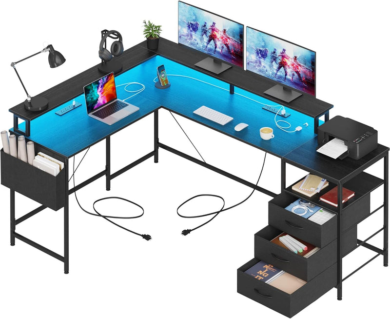 3 Drawers L Shaped Desk 63 Inch, 2 Power Strips (6 AC) and LED, Large Gaming Desk & 2 Monitor Stands, L Shape Computer Desk, Stable and Sturdy Home Office Desk, Fabric Drawers, Black F2019