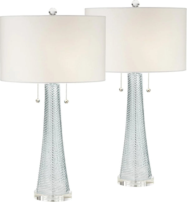 Modern desk lamp, 28.5 inches high, 2 sets. Features a sky-blue textured glass lampshade and a white cylindrical lampshade with a vortex pattern. Suitable room, bedroom, bedside table, night light, office, and home use. W6747