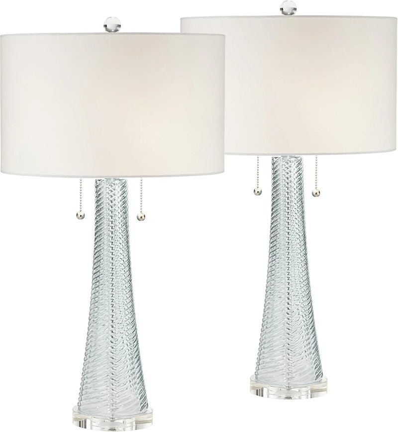 Modern desk lamp, 28.5 inches high, 2 sets. Features a sky-blue textured glass lampshade and a white cylindrical lampshade with a vortex pattern. Suitable room, bedroom, bedside table, night light, office, and home use. W6747