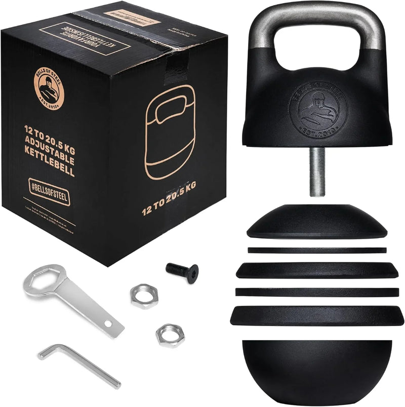 Adjustable Kettlebell Set [Bells of Steel] Kettle Bell Weight Set, Steel Shell, Internally-Loaded for Full Body Workouts, Competition Standard 35mm Handle, 12-20.5kg O982