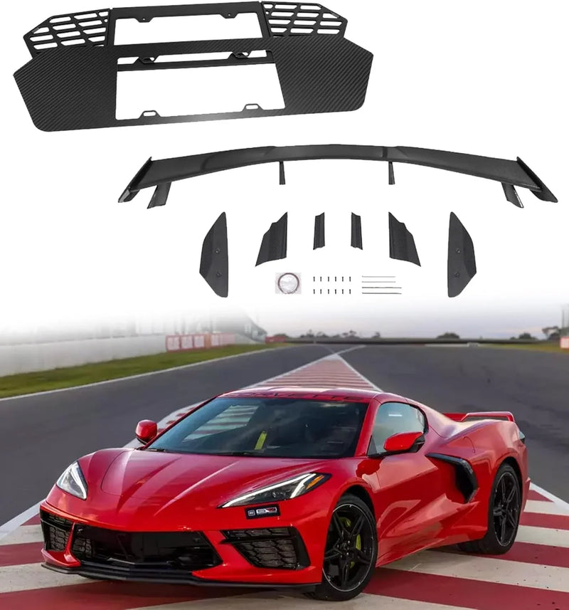 Bundled Items of C8 License Plate Frame and C8 High Wing Spoiler Fit for Corvette C8 2020-2025 Stingray Z51 2020-2025 U8352