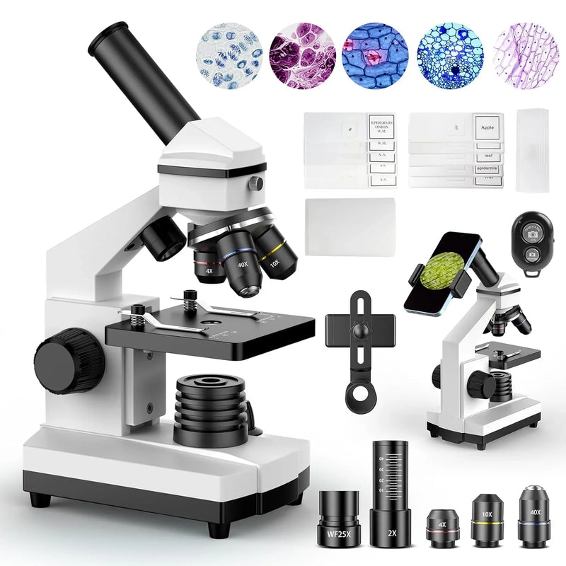 Compound Microscope for Adults & Kids - 100X-2000X High-Power Biological Microscope for Students, School Lab & Home Education, with Slides Set & Phone Adapter (White) D7444