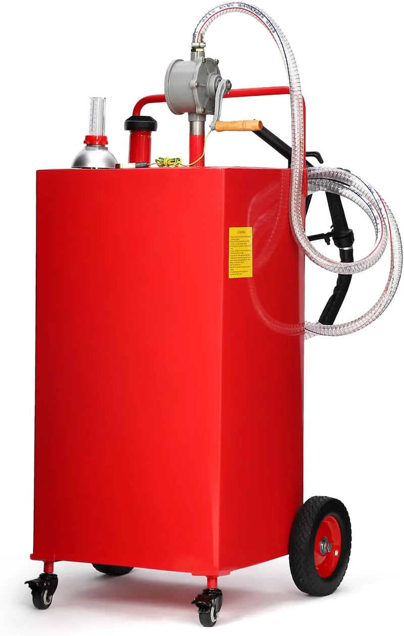 30 Gallon Fuel Caddy, Fuel Tank with Manual Transfer Pump for Gasoline & Diesel, Durable 4-Wheel Design, Mobile Fuel Storage for Cars, Trucks, Boats, Lawn Mowers, Red J5840