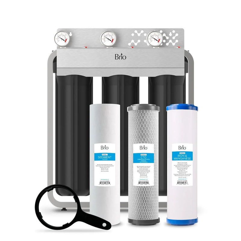 Whole-house filtration system, designed to remove iron and manganese, with a flow rate of 900 gallons per minute, dimensions of 4.5 inches x 20 inches, featuring a built-in sediment filter, activated carbon filter and iron/manganese A3824