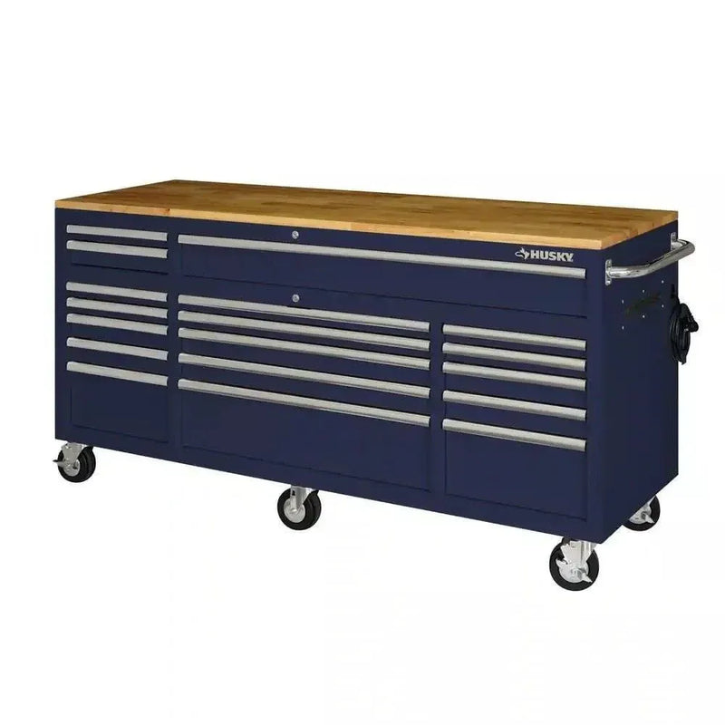 Husky 72 in. 18-Drawer Mobile Workbench with Solid Wood Top in Gloss Blue G1903