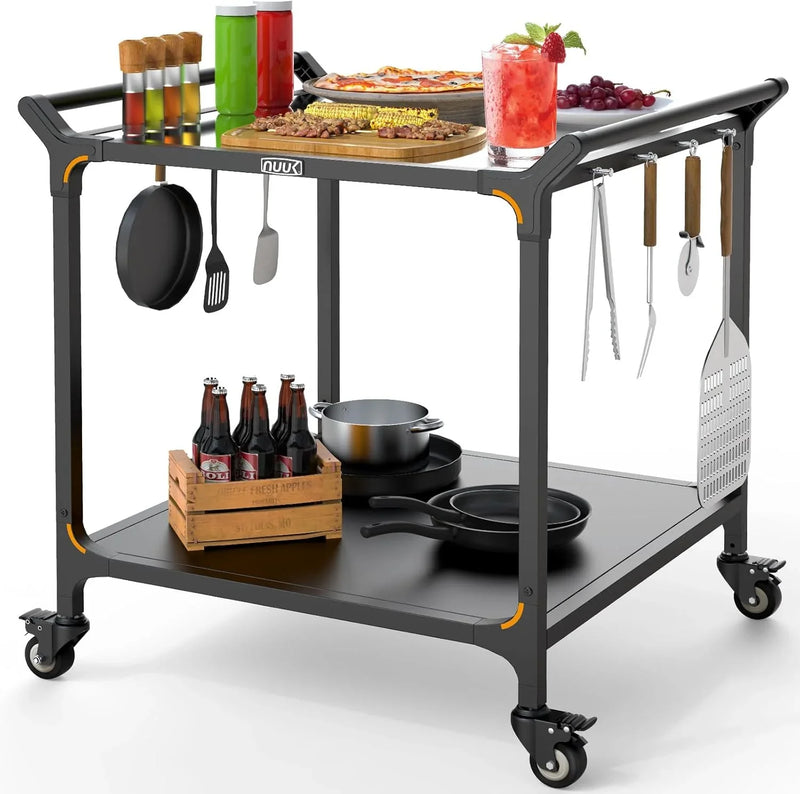 Outdoor barbecue food truck, 32" x 32" stainless steel pizza oven table, mobile barbecue kitchen food preparation cart with double-tiered shelves, suitable for garden patios A5393