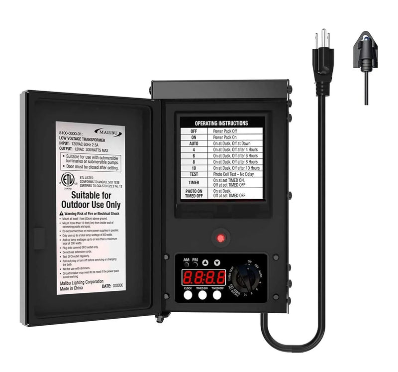 600W low-voltage transformer, outdoor landscape lighting transformer, 120V AC to 12V AC conversion, equipped with sensor and rain cover, suitable for garden LED lighting, spotlights, sidewalk lights T9650