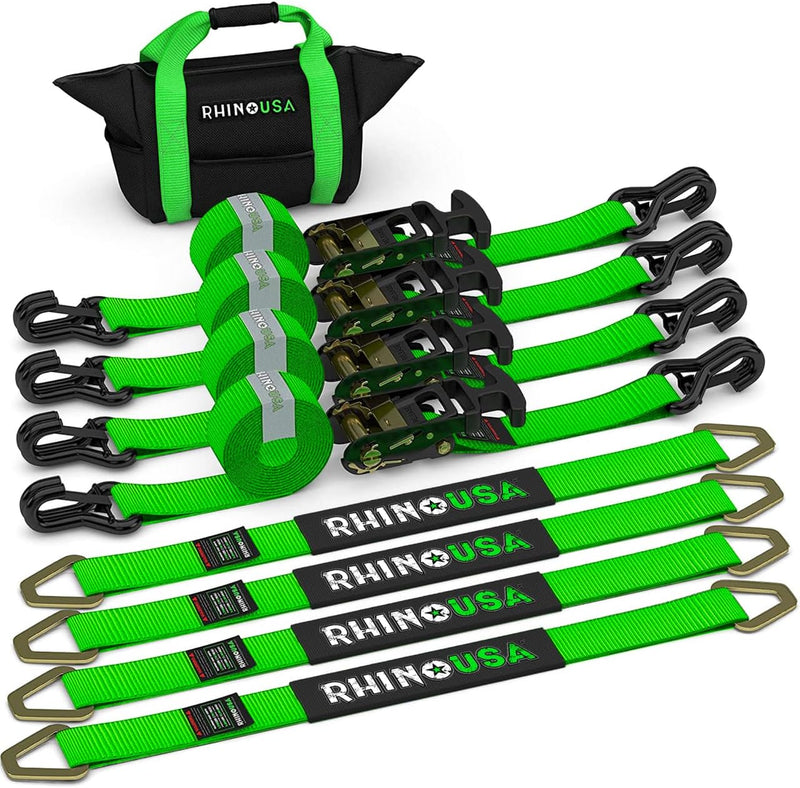 Car Tie Down Straps for Trailers with J Hooks (4-Pack) - 2 Inch x 8 Feet (10,000lb Break Strength) - Heavy Duty T-Handle Car Hauler Tire Straps for Trailer & UTV with Axle Straps - Black H3831