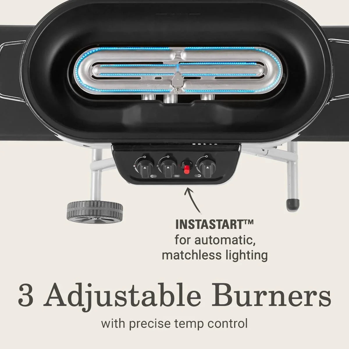 RoadTrip Portable Stand-Up Propane Grill with 3 Adjustable Burners & Instastart Ignition, 20,000 BTUs of Power for Outdoor Cooking