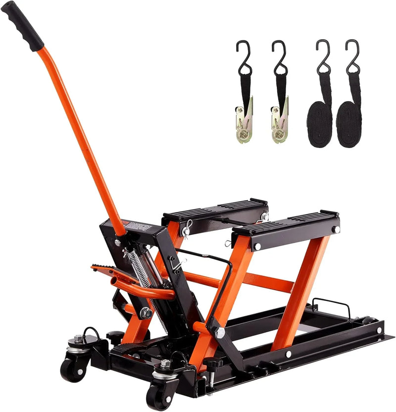 Hydraulic Motorcycle Lift Jack 1500 LBS Capacity ATV Scissor Lift Jack Portable Motorcycle Lift Table with 4 Wheels Hydraulic Foot-Operated Hoist Stand for Motorcycle ATV UTV Powersports L6357