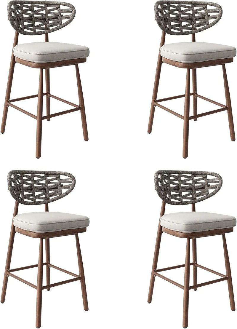 Outdoor Bar Stools Set of 2,Rattan Barstools Woven,29'' Bar Height Stools with Backrest and Teak Leg,Aluminum Bar Chairs Boho Bar Stool with Cushions,Tall Barstool for Patio,Teak Z2679