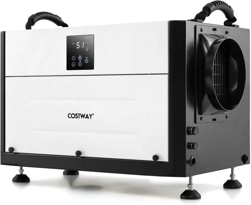 Commercial dehumidifier, suitable for 1300 square feet of basements, storage areas or work sites, equipped with a 9.8-foot drainage pipe and a wired remote control panel, white model. R7505