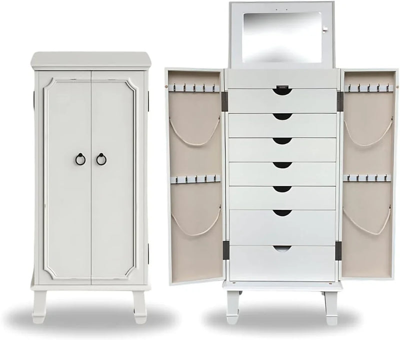 Hives and Honey Cabby Standing Jewelry Armoire – Fully Locking Wood Jewelry Storage with Mirror, 7 Drawers, Necklace Hooks, and Anti-Tarnish Lining — Turquoise G0226