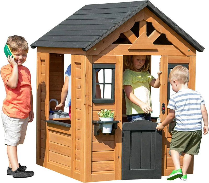 Children's playhouse cabin, equipped with a game kitchen, snack bar, half-door, toy phone, windows, flower pot stand and an operable doorbell, suitable for creative outdoor games. M4475