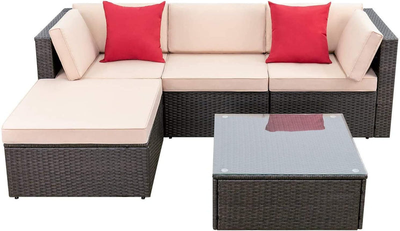 5 Pieces Patio Furniture Sets All Weather Outdoor Sectional Patio Sofa Manual Weaving Wicker Rattan Patio Seating Sofas with Cushion and Glass Table(Beige) M7380