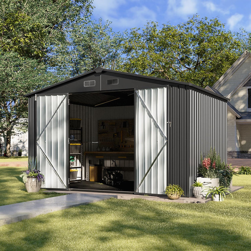 5x2.7 FT Outdoor Metal Storage Shed - Durable Water-Resistant Galvanized Steel, Sloping Roof Design, Lockable Door - Ideal for Tool Storage on Lawn, Patio & Backyard (Black) W4021