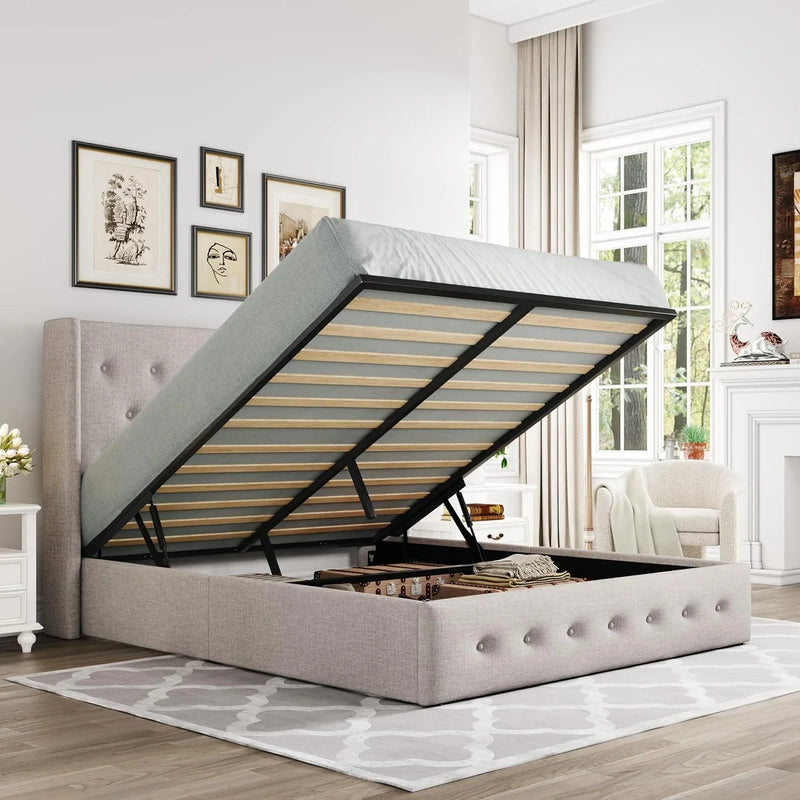 Queen Size Lift Up Storage Bed, Modern Wingback Headboard, Hydraulic Support, No Box Spring Needed, Light Beige J8926