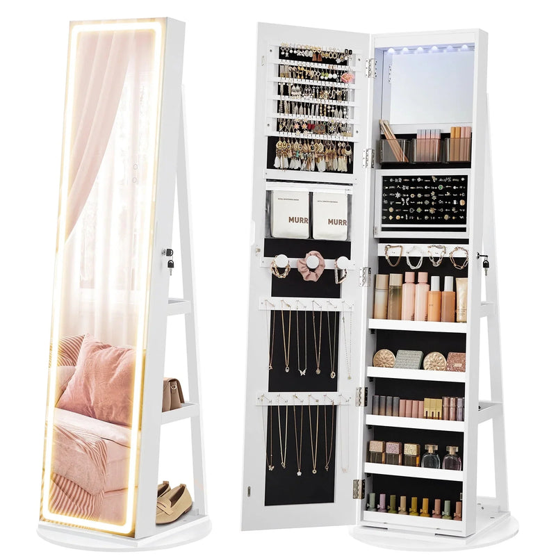 LED Mirror Jewelry Cabinet Standing Jewelry Armoire Organizer Box with Full-Length Mirror and Adjustable LED Lights White A2223