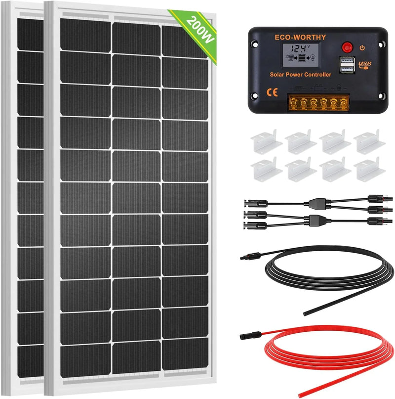 200 Watts 12 Volt/24 Volt Solar Panel Kit with High Efficiency Monocrystalline Solar Panel and 30A PWM Charge Controller for RV, Camper, Vehicle, Caravan and Other Off Grid Applications W8525