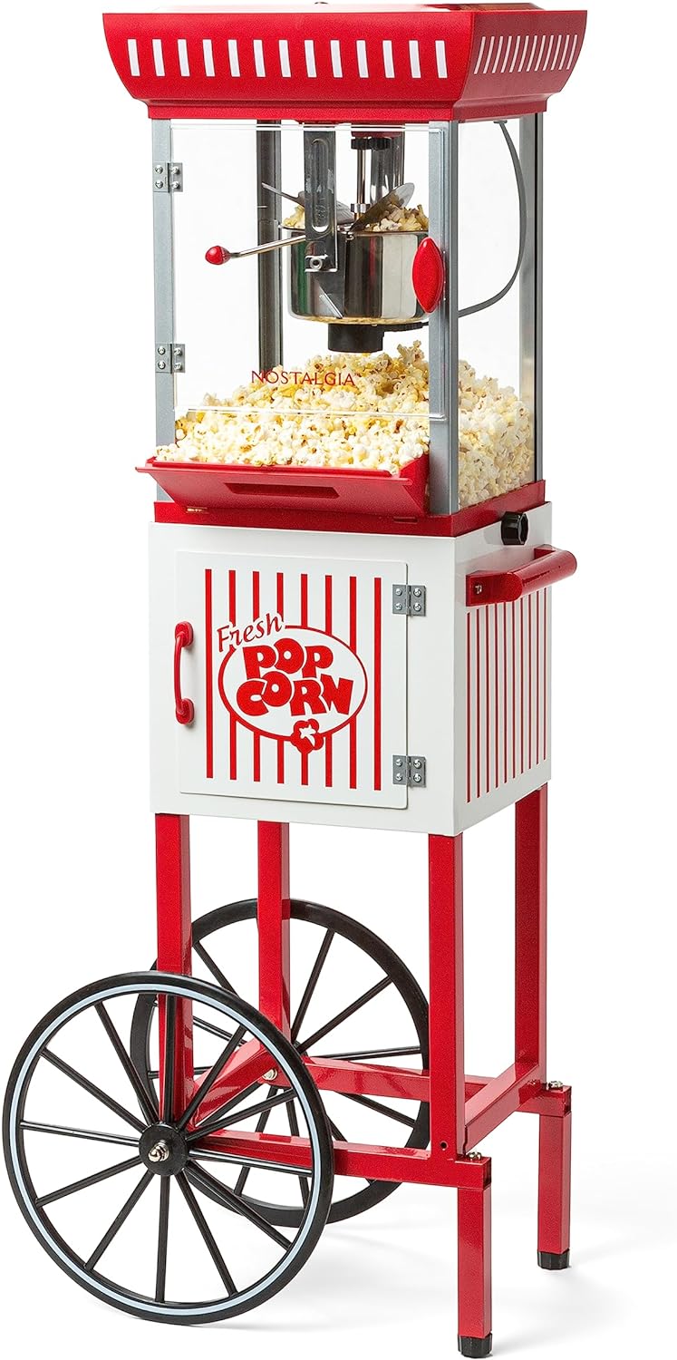 Popcorn Maker Machine - Professional Cart With 2.5 Oz Kettle Makes Up to 10 Cups - Vintage Popcorn Machine Movie Theater Style - Red & White B6589