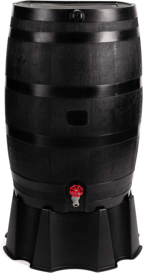 RTS Home Accents 50-Gallon ECO Rain Barrel Made with 100% Recycled Plastic, Flat Back Rain Water Collection Barrel, Black D6208