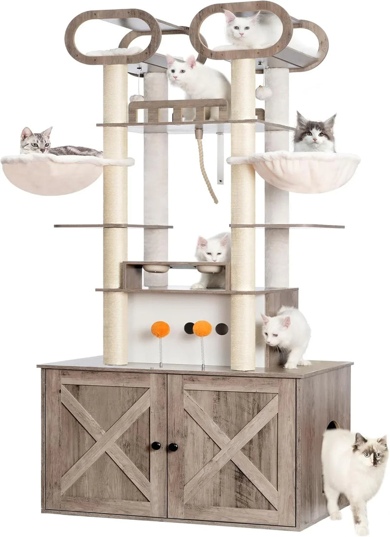 The Habori cat climbing frame with cat litter box storage box, a 76.8-inch wooden Menicos cat tower, equipped with a feeding station and a large platform, modern-style large cat apartment furniture, with a climbing column made of full N8923