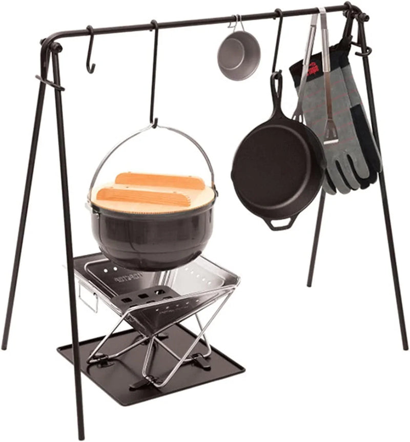 Grill Swing Campfire Cooking Stand BBQ Grill With Hooks & Accessories Bag For Outdoor Picnic Cookware & Dutch Ove (Color: Black, Size: 90x57x87cm) (Black 90x57x87cm) M7352