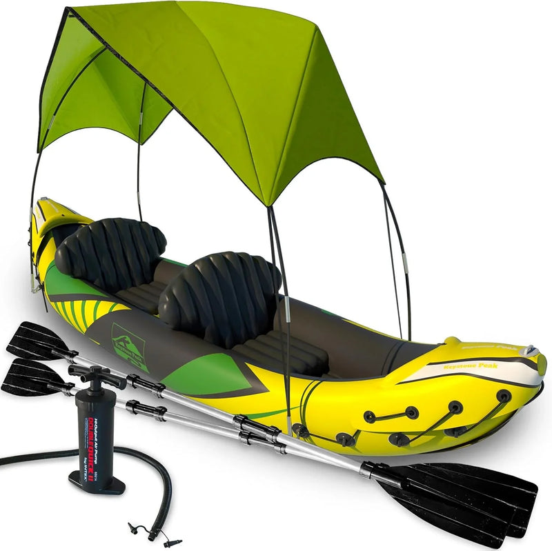 Inflatable Kayak 2 Person with Sun Canopy (Detachable) Kayaks for Adults 3rd Seat for Dog/Child Waterproof Phone Bags Adjustable Seats Kayak Backrests & More New 2024 Yellow Green V1331