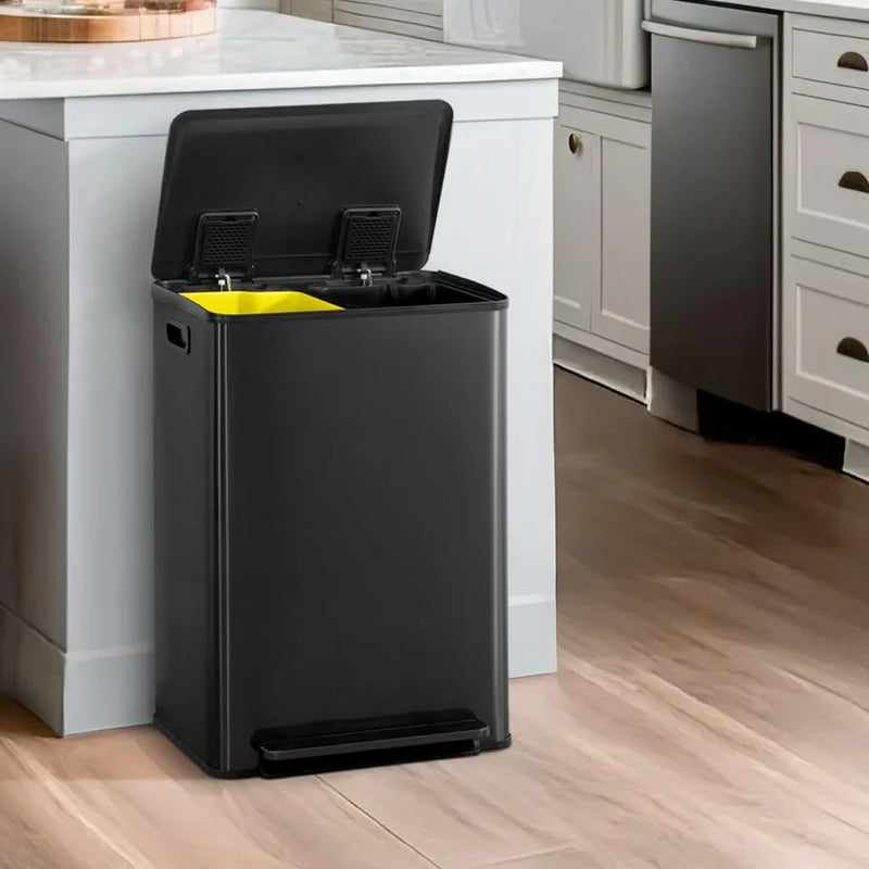 CAPHAUS Dual Trash Can with Double Lid, Trash and Recycle Bins Combo, Hands-free Stainless-Steel Garbage Can for Kitchen, with 2 Compartment, Hinged Lid, Odor Filters, Handles, 25L 25L, 2 x 6.6 Gallon S7404