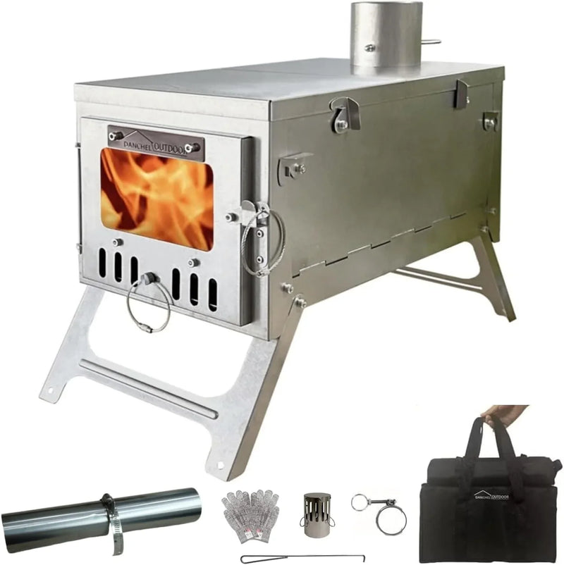 Titanium alloy tent wood stove for camping, 2 kilograms, foldable, lightweight and compact portable heat tent stove, comes with a 2.2-meter chimney, suitable for winter backpacking camping. N7335