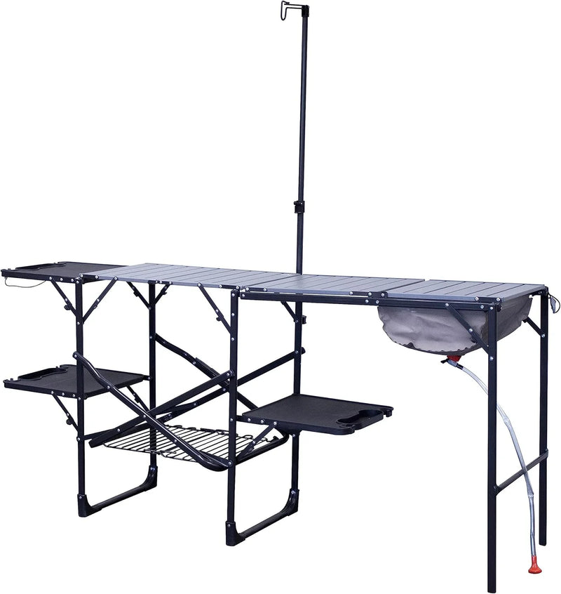 Outdoor chef station | Portable folding kitchen table, equipped with a soft-shell sink, heat-resistant tabletop and telescopic lamp pole, ideal for camping trips R7777
