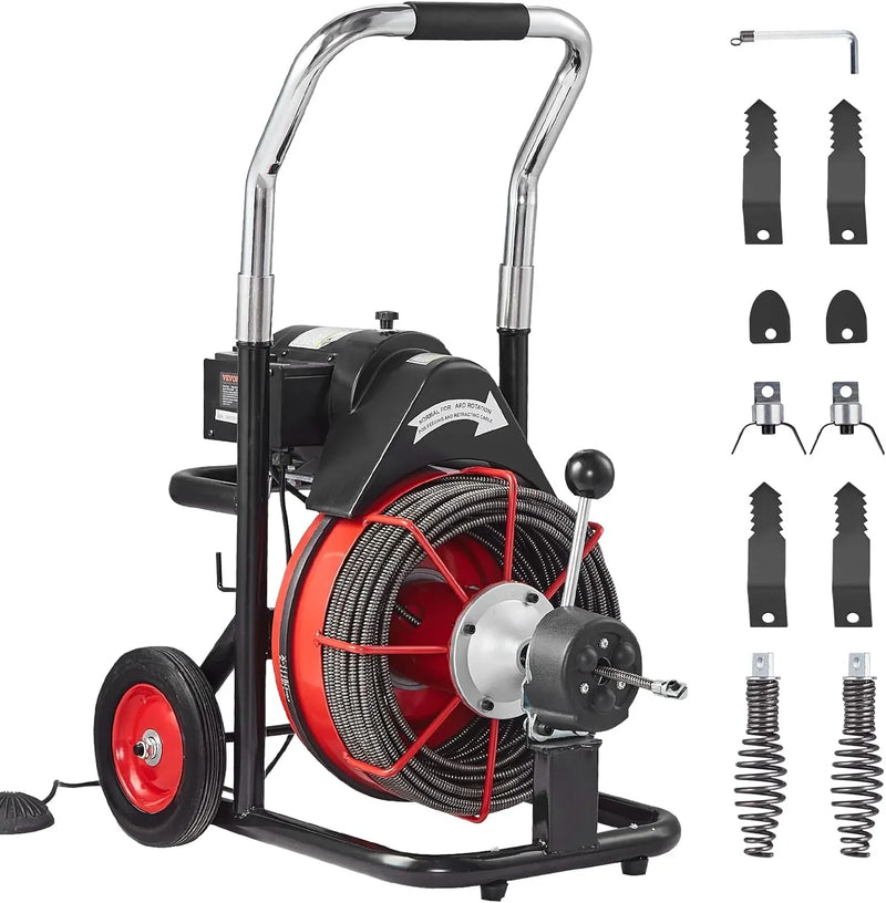 Drain Cleaner Machine 100FT x 1/2 Inch, Auto Feed Sewer Snake Auger on Wheels, 550W Portable Drain Cleaning Machine with 8 Cutters & Air-activated Foot Switch for 2" to 4" Pipes N4914