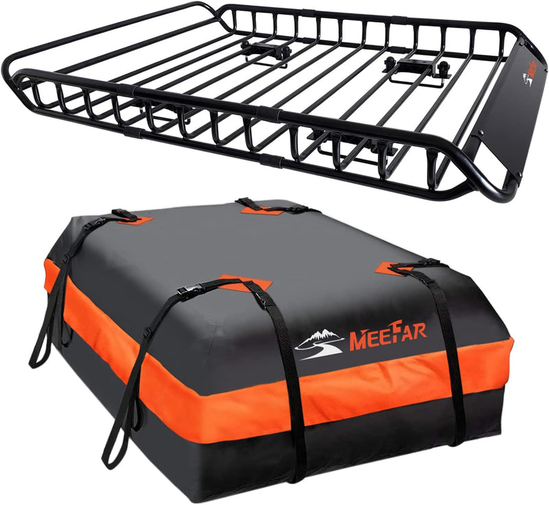 Roof Rack Carrier Basket Universal Rooftop 51" X 36" X 5" Waterproof Bag 15 Cubic Feet (44" 34" 17"), and Cargo Net with Attachment Hooks, Ratchet Straps F9123