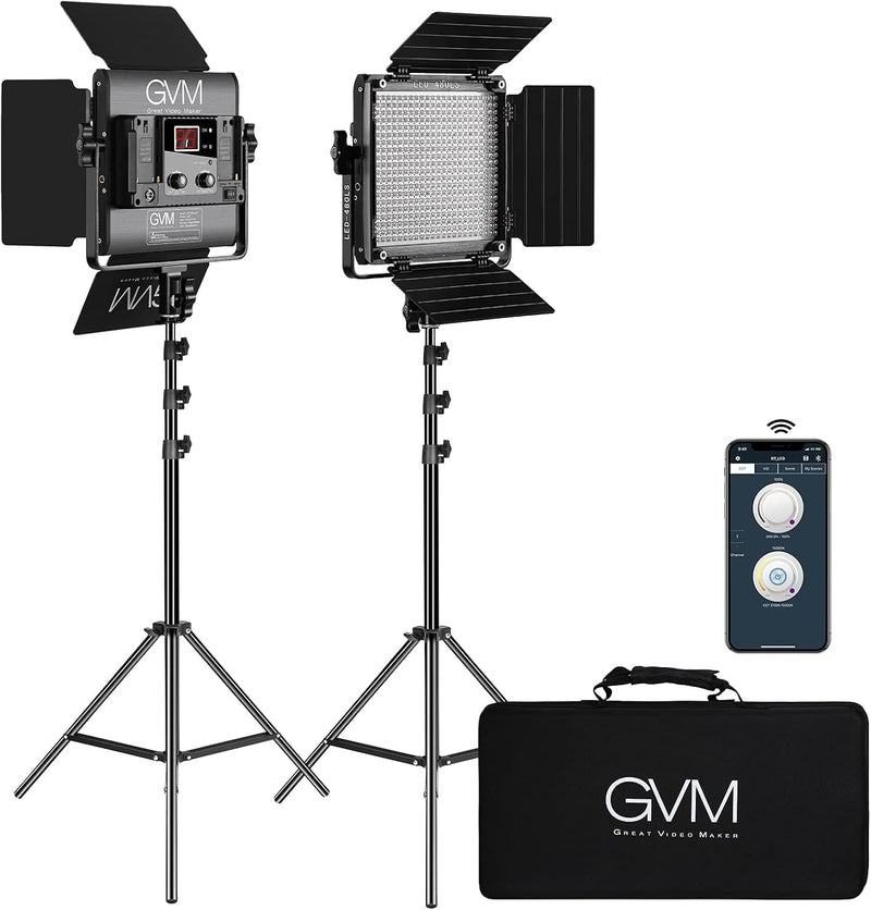 2 Pack LED Video Lighting Kits with APP Control, Bi-Color Variable 2300K~6800K with Digital Display Brightness of 10~100% for Video Photography, CRI97 TLCI97 Led Video Light Panel Barndoor S7170