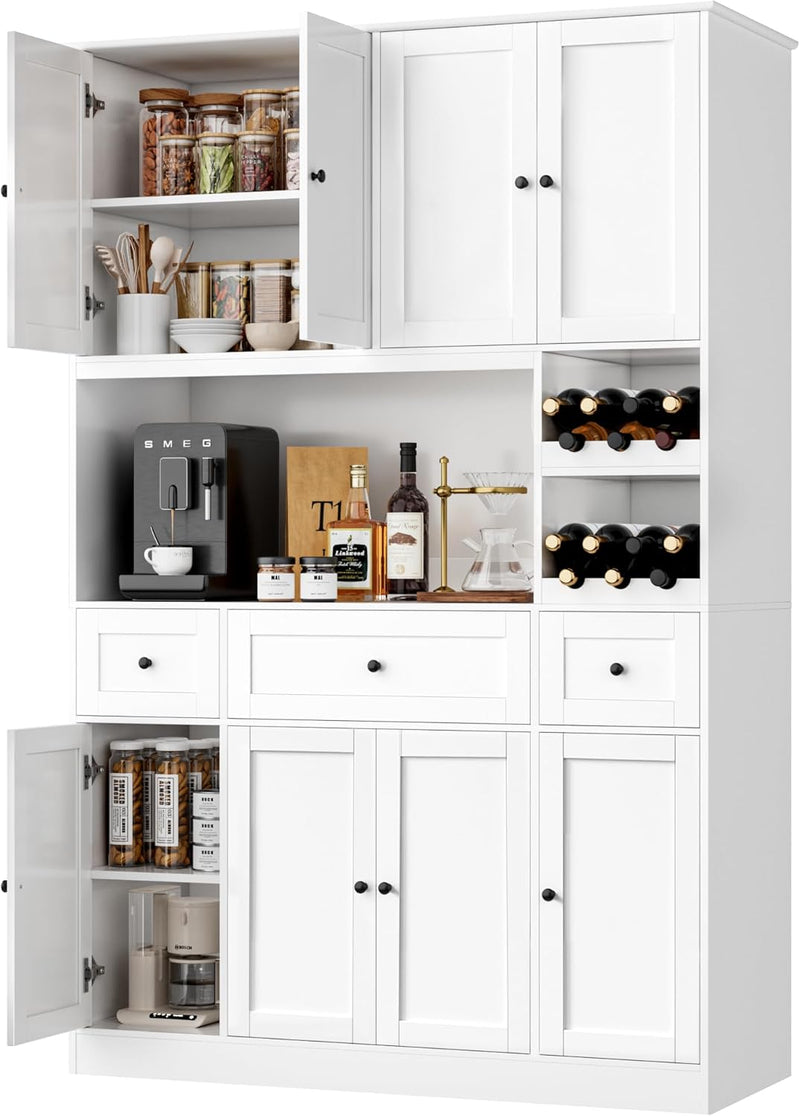 72" Tall Kitchen Pantry with Wine Rack, Pantry Cabinet with Microwave Stand, Large Hutch with Ample Storage, Hutch Cabinet for Kitchen, Dining, Living Room, White J3298