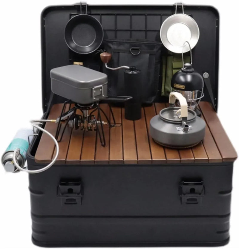 Camping box - Waterproof outdoor metal storage box, 47 liters, portable RV box, equipped with a wooden table and a set of 3 storage bags, large capacity storage box C0564