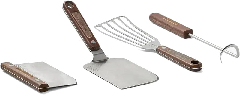 4-piece frying pan set - includes frying pan spatula, workbench scraper, fish spatula and pigtail flipper - brown linen micro-carbon fiber handle L5833