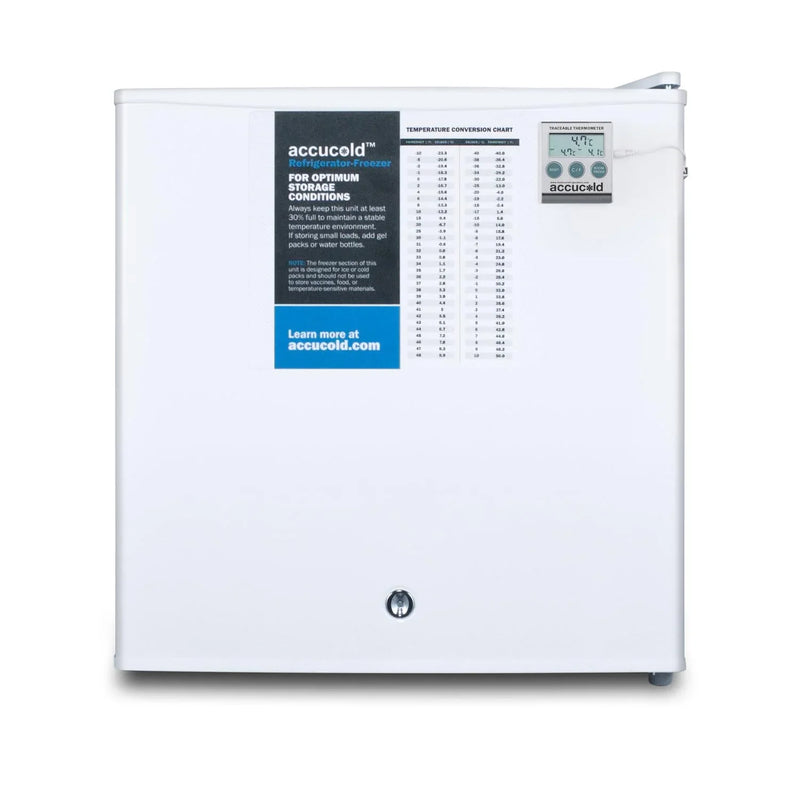 Compact refrigerator freezer, suitable for general use, with a white appearance, equipped with a NIST calibrated thermometer, manual defrosting device, hospital-grade power cord and front locking mechanism. K5322