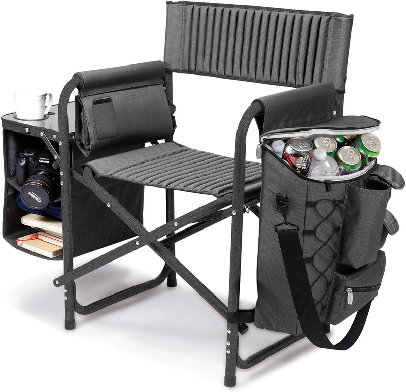 The "Picnic Time" brand's outdoor folding chairs with a unique design feature a grey base and a black frame. The dimensions are 33 x 7 x 21. A7046