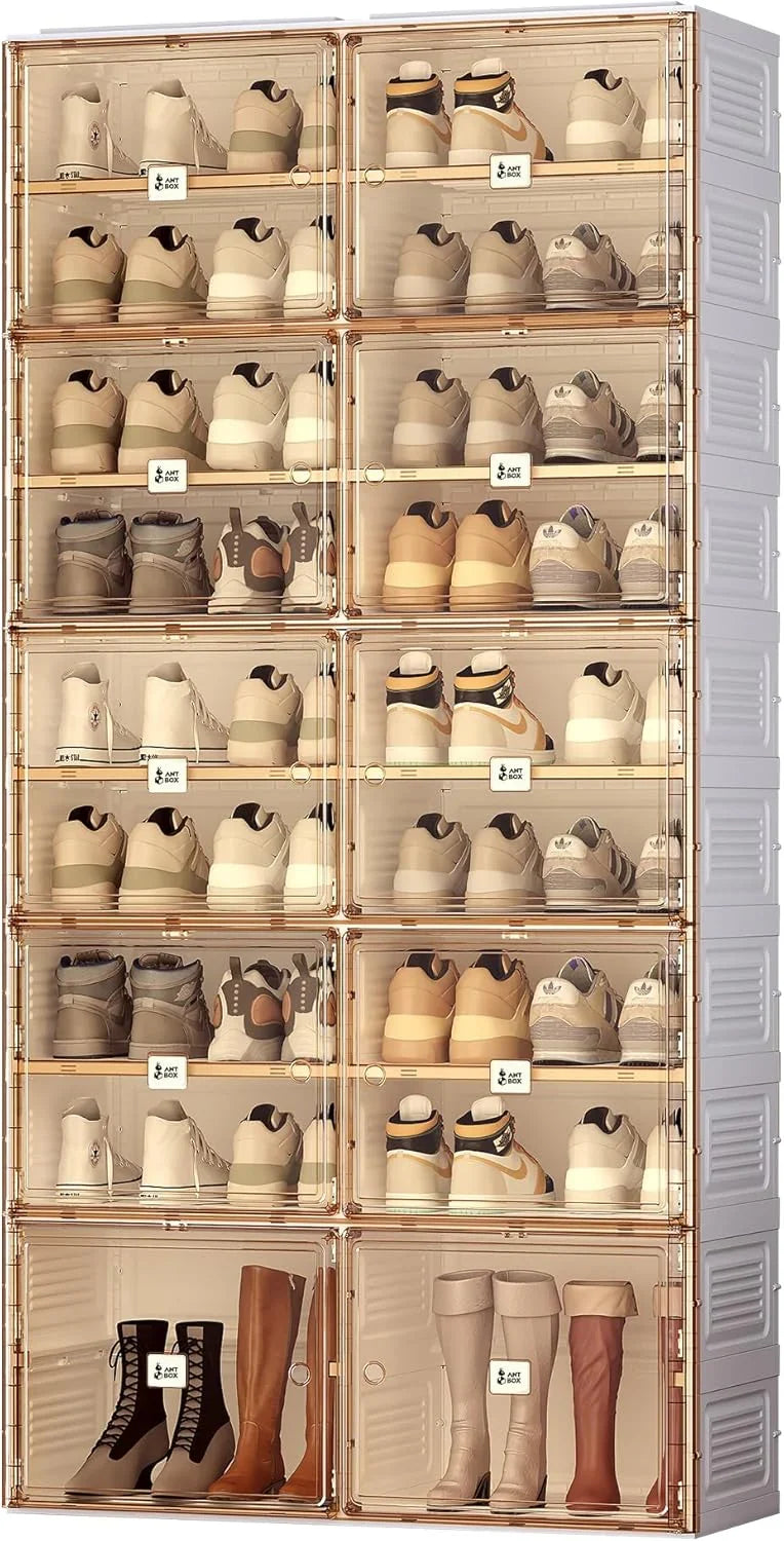 Portable shoe rack organizer, suitable for the entrance of the closet, stackable storage cabinet for sports shoes, shoe cabinet with magnetic transparent doors, large plastic storage container box (with lid), with 5 layers, can hold 20 V0739
