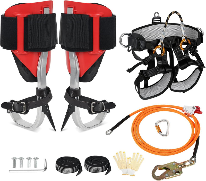 Tree Climbing Spikes Set for Tree Work, Adjustable Tree Climbing Gear with Safety Seat for Tree Climbing and 10FT Steel Wire Core Flip Line Kit for Outdoor Jungle Survival Fruit Picking I8663