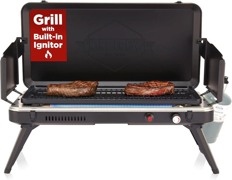 Gas camping barbecue grill | 13,000 watts | Portable liquefied gas burner | Foldable legs and feet | Integrated igniter and built-in regulator (with stainless steel drip tray) | Windproof panel and built-in handle Z6510