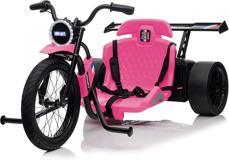 Children's electric drift tricycle, three-wheel electric drifting bicycle, equipped with LED lights, 16-inch inflatable tires, battery-powered, suitable for boys and girls aged 8 and above, outdoor electric driving vehicle (black) C6855