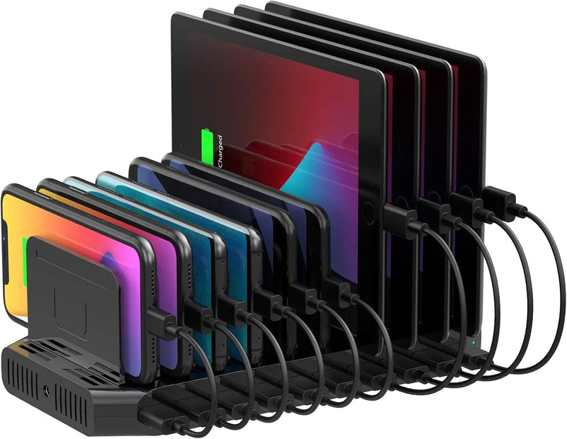 A charging interface station with 10 USB fast charging ports and adjustable partitions, suitable for charging multiple devices such as iPads, iPhones, tablets and mobile phones - 5-piece set, black U1048