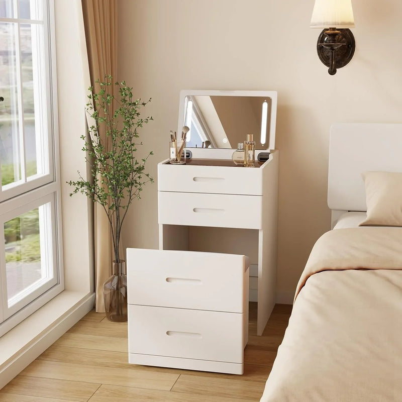Solid Wood 3 in 1 Vanity Desk with Flip Top Mirror, No Assembly, Compact Vanity with Hidden Chair, Small Makeup Vanity Set with Power Outlet, Dressing Table for Bedroom, White R4447