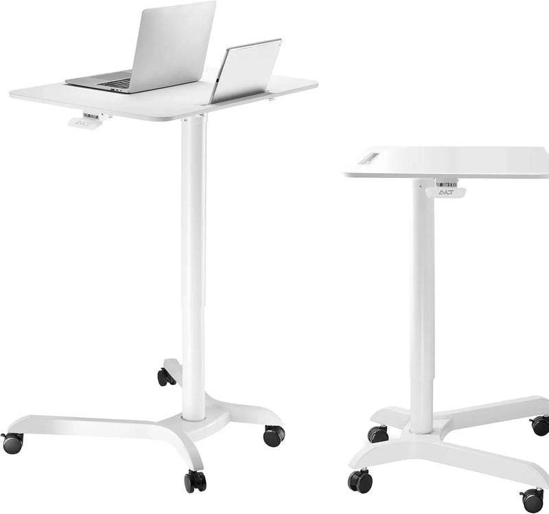 Portable laptop desk cart (3 feet 8 inches) - Mobile rolling desk - Computer projector cart - Adjustable height foldable mobile folding table - White mobile frame with brake wheels V2241