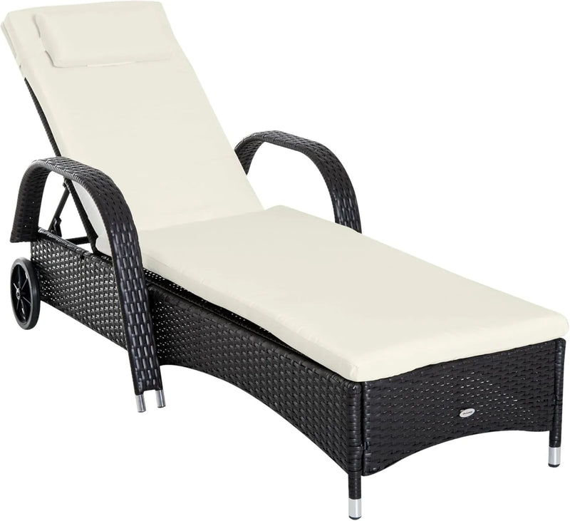 Wicker Outdoor Chaise Lounge, 5-Level Adjustable Backrest PE Rattan Pool Lounge Chair with Wheels, Cushion & Headrest, Brown and Dark Blue G9666