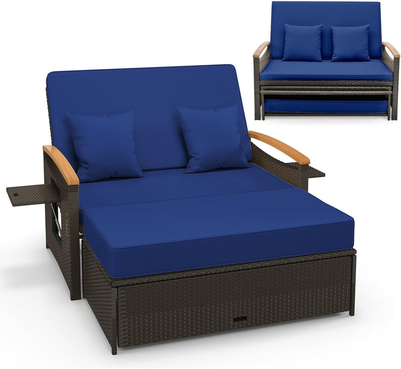 Moccha Outdoor Wicker Daybed, Patio Rattan Loveseat Sofa w/ 4-Level Adjustable Backrest, Folding Panels, Storage Ottoman & Cushions, Lounge Furniture Set for Poolside Backyard Porch (Beige) H1437